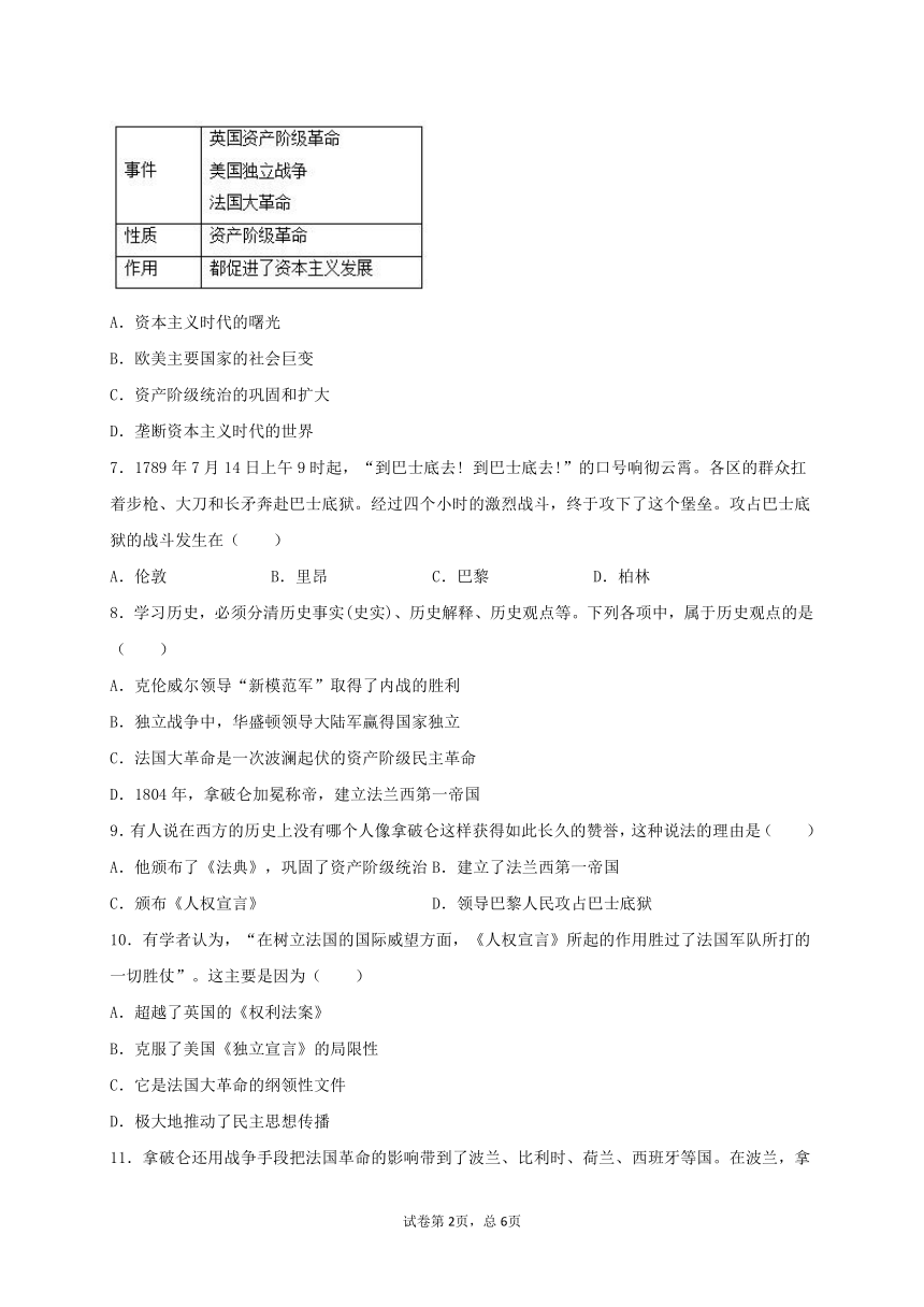 第19课 法国大革命和拿破仑帝国 同步测试（含答案）