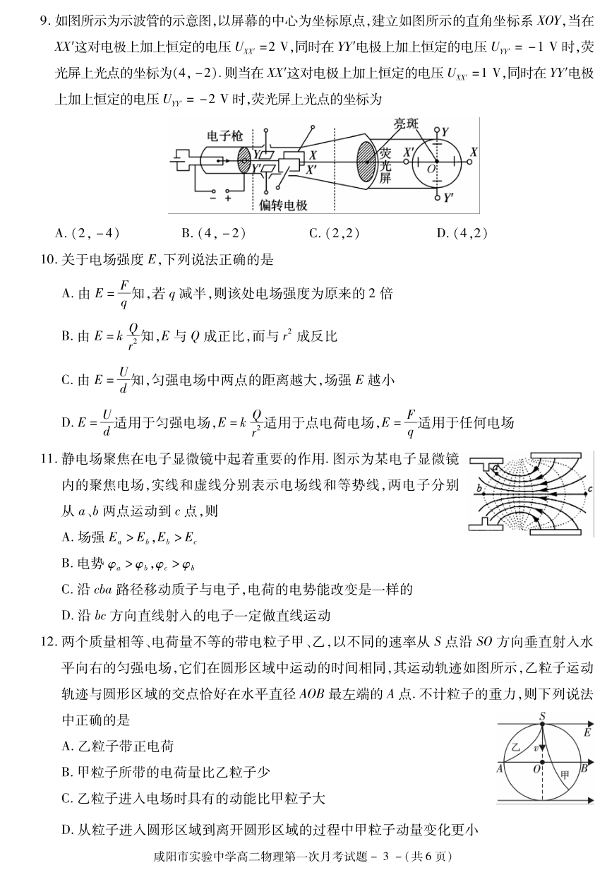 陕西省咸阳市实验高级中学2021-2022学年高二上学期第一次月考物理试卷（PDF版含答案）