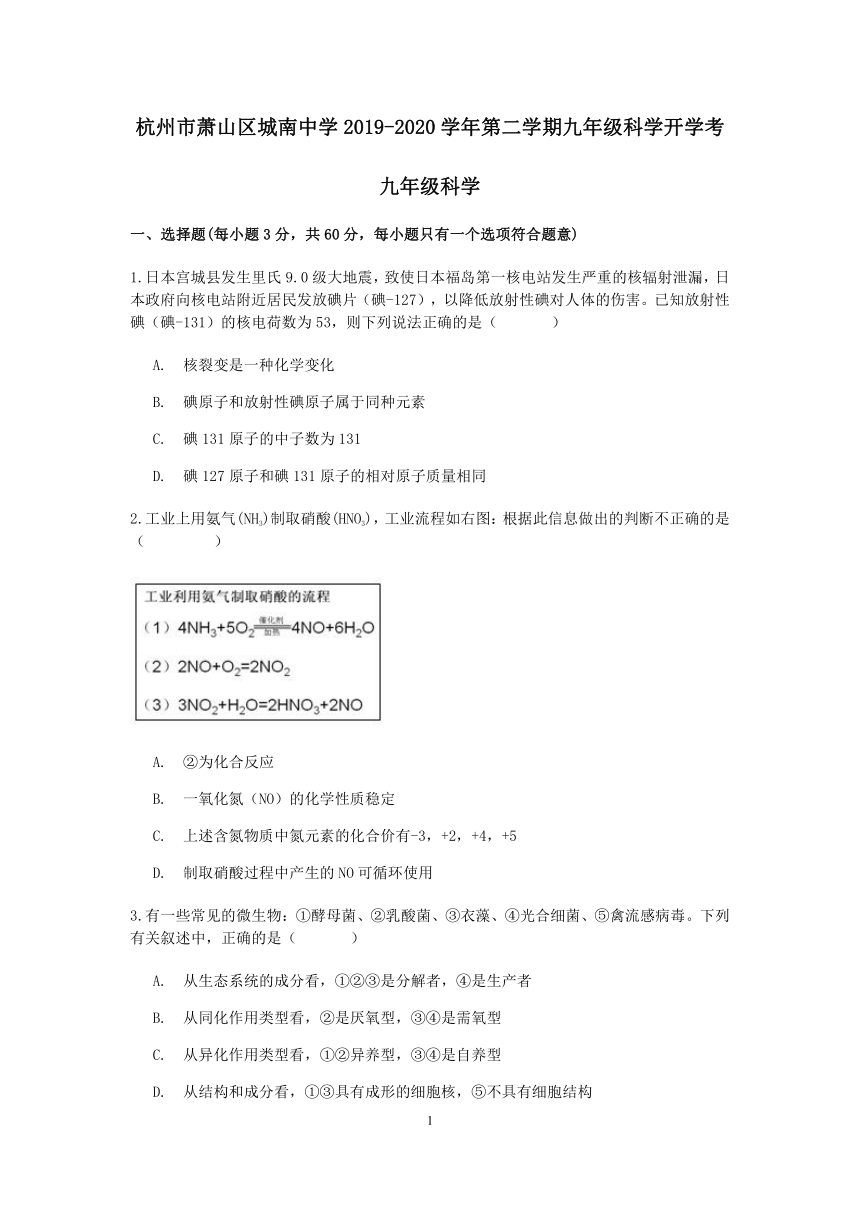 浙江省杭州市萧山区城南初级中学2019学年第二学期九年级科学开学考（word，含答案）