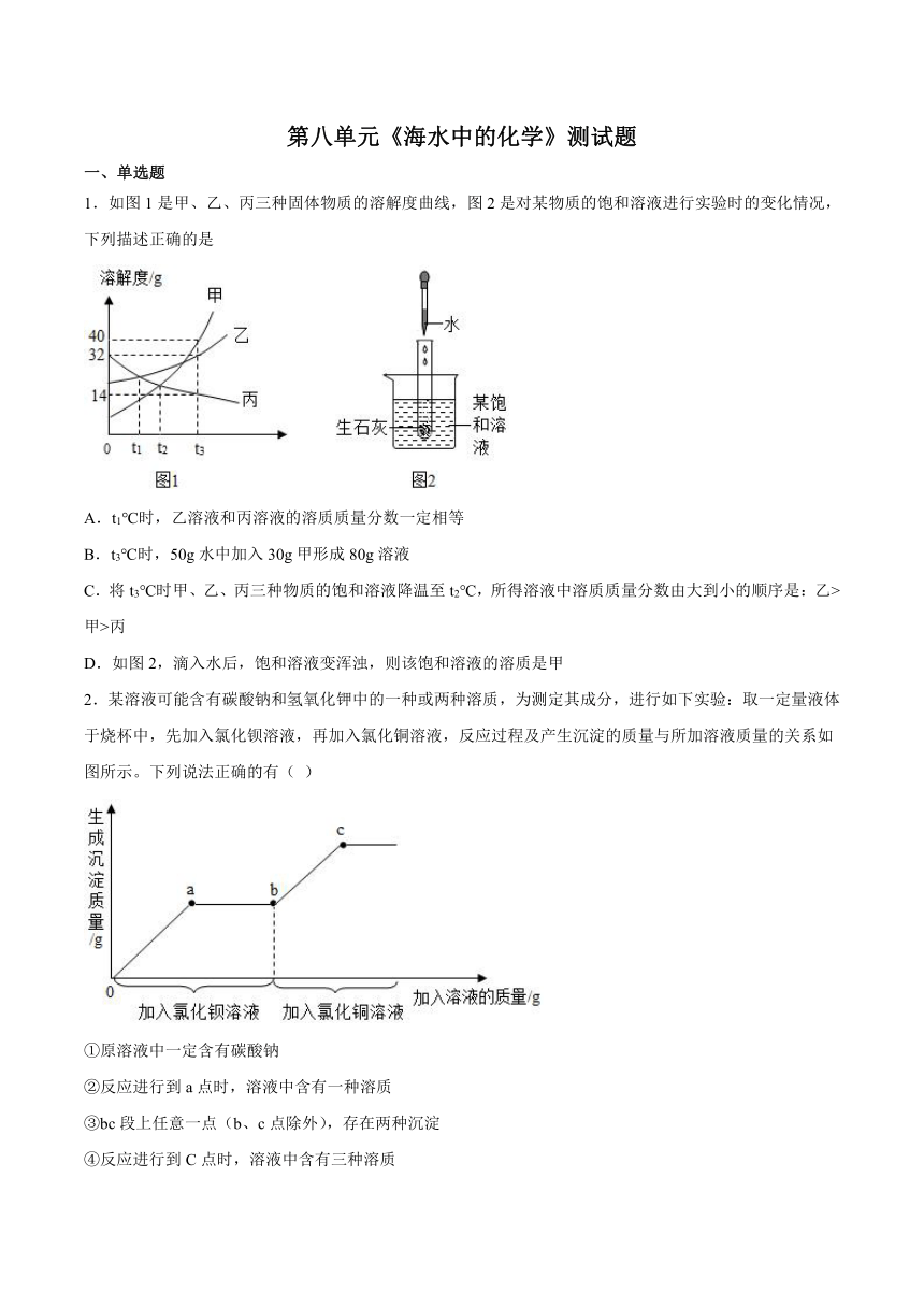 第八单元海水中的化学测试题（含答案）---2022-2023学年九年级化学鲁教版下册