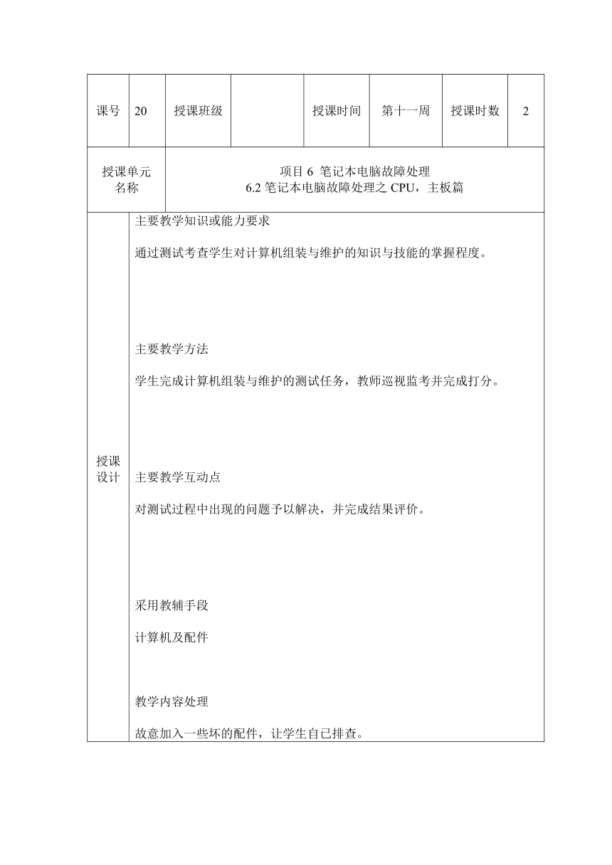 6.2笔记本电脑故障处理之CPU，主板篇 教案（表格式）-《计算机组装与维修》同步教学（电子工业版）