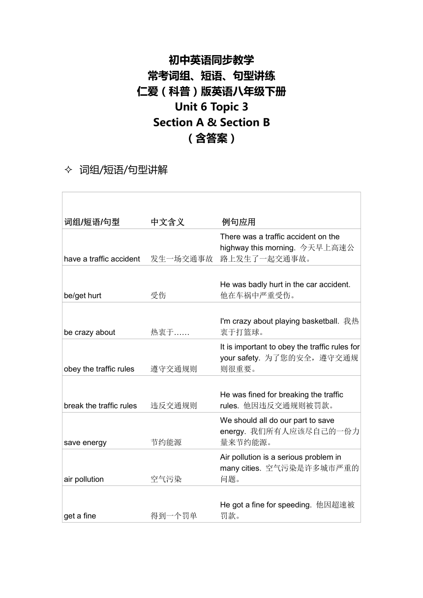 Unit 6 Enjoying Cycling Topic 3 Section A & B 常考词组短语句型讲解练习（含答案） 2023-2024学年仁爱版八年级英语下册