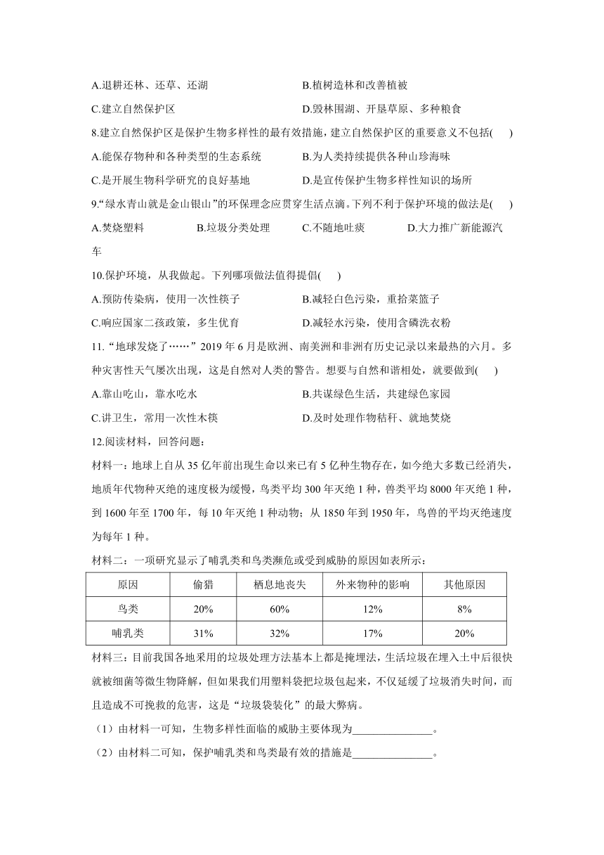 2020-2021学年八年级下册生物冀教版单元测试AB卷 第七单元第三章 人类与自然界的协调发展 A卷（word版含解析）