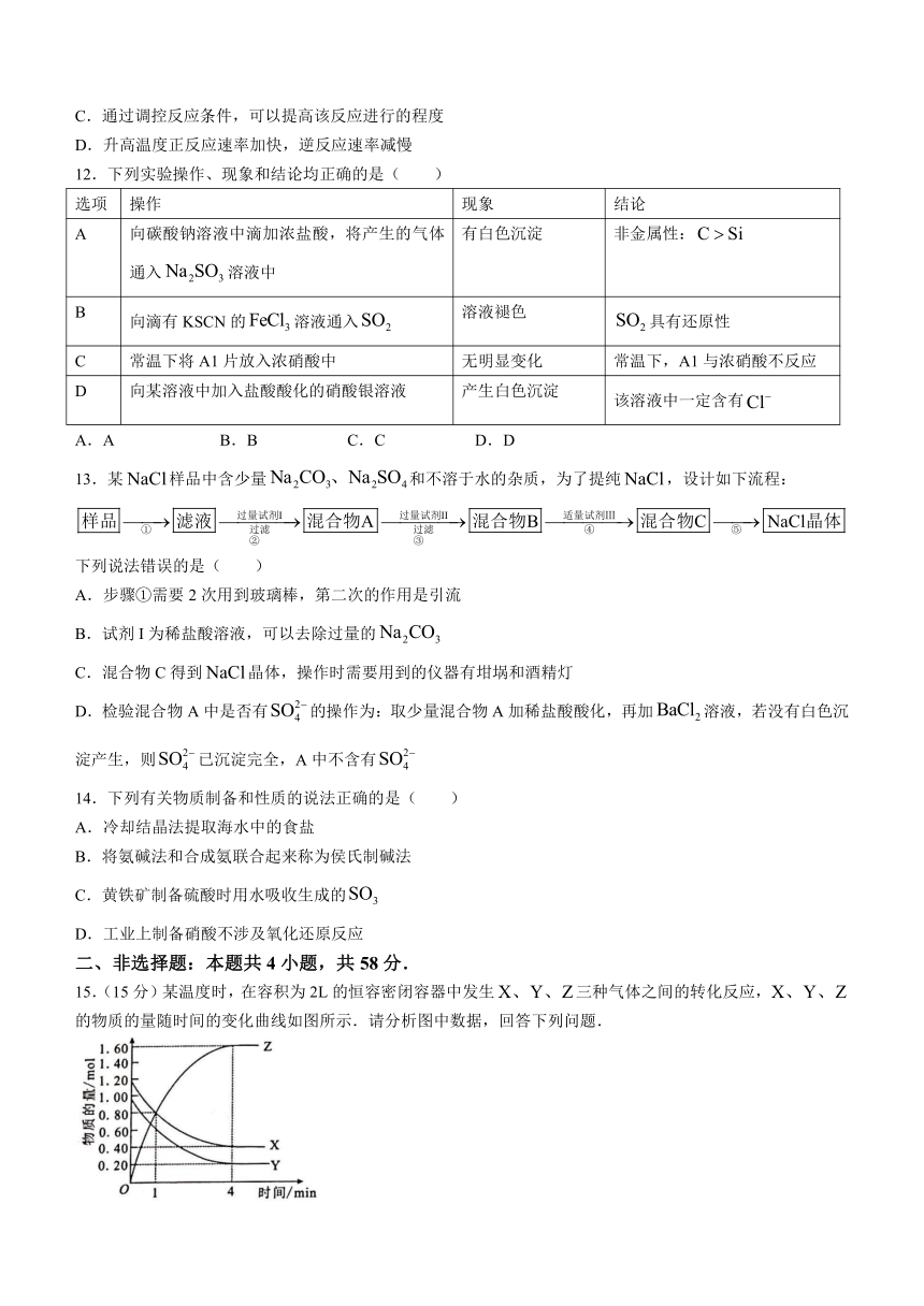 广西壮族自治区河池市十校联考2023-2024学年高一下学期4月月考化学试题（含解析）