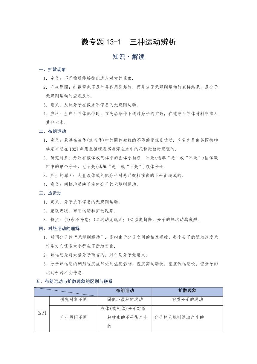 微专题(内能)13-1  三种运动辨析—（疑难解读+解题技巧）2021届九年级物理中考复习（优等生）专题讲义（word含答案）