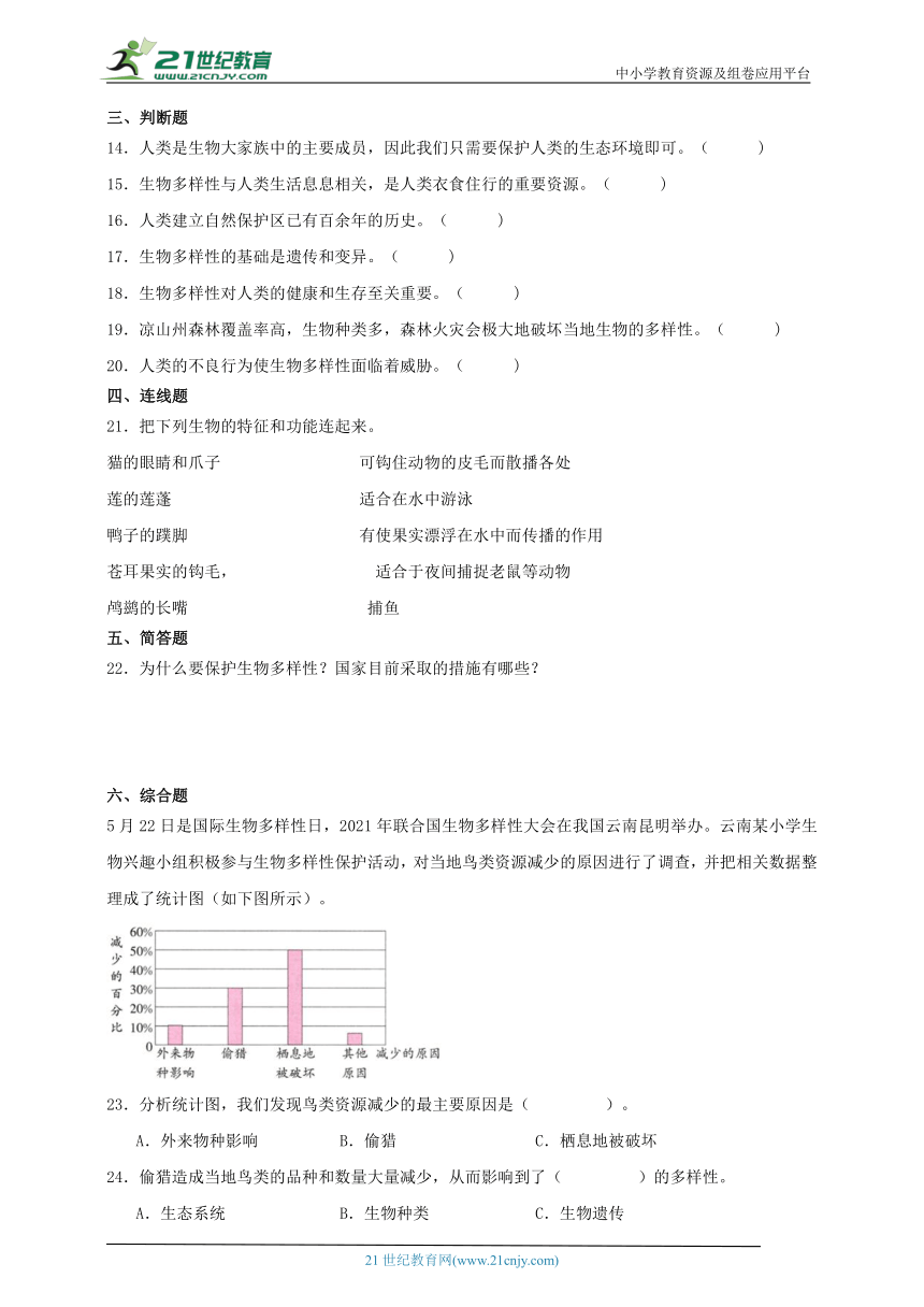 六年级科学下册2.7 保护生物多样性 同步练习（含答案）