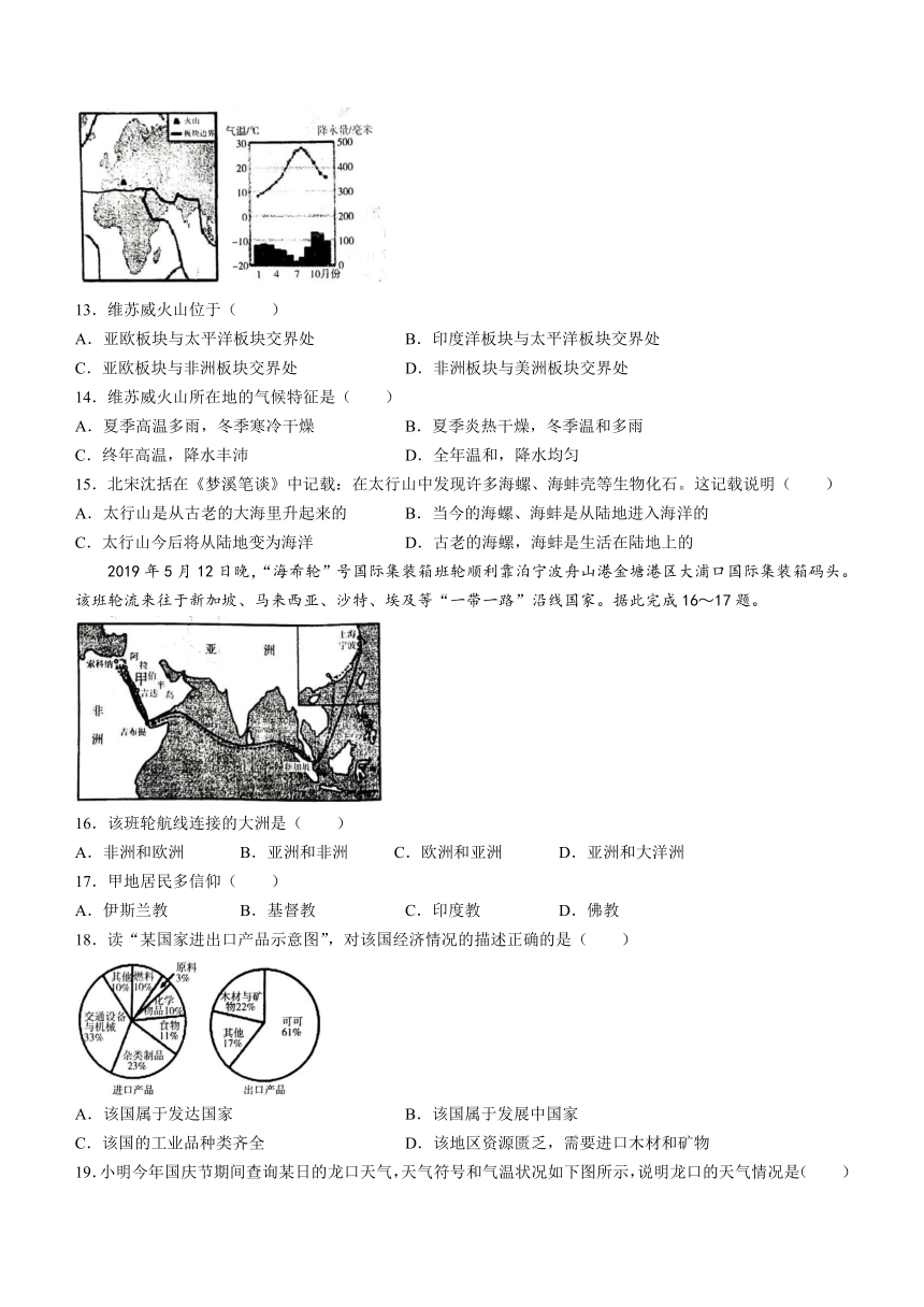 山东省烟台地区2022-2023学年六年级（五四学制）上学期期末地理试卷(含答案)