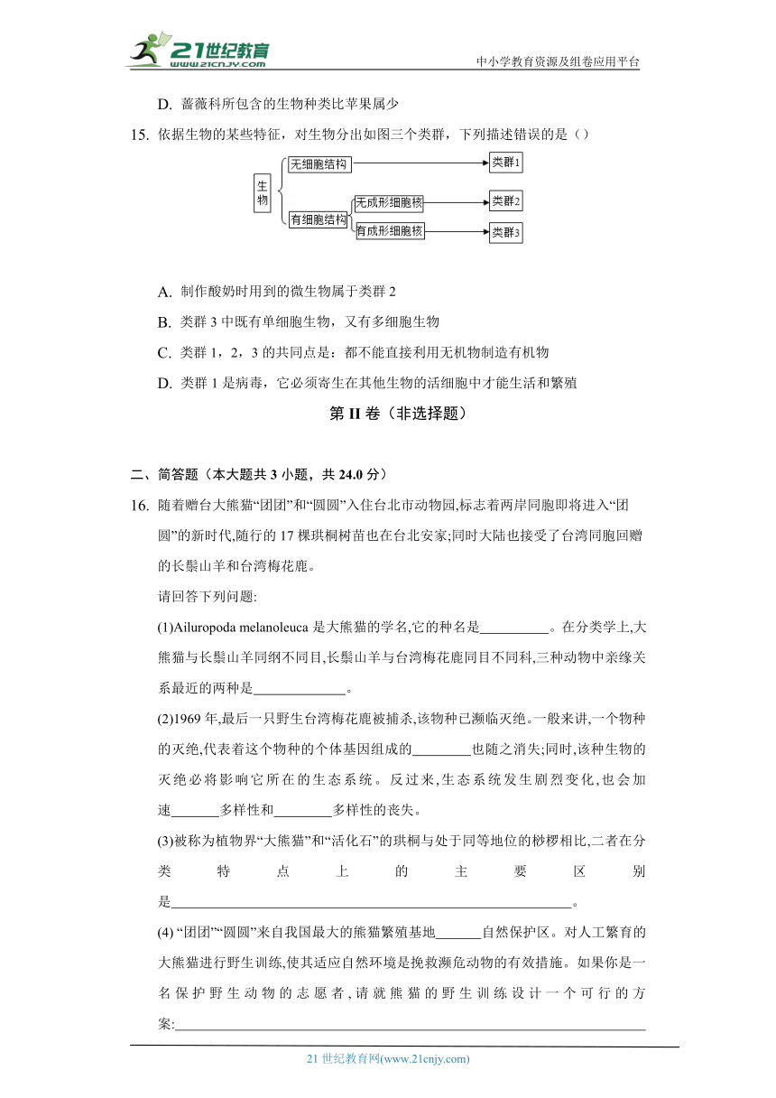 苏教版初中生物八年级上册14.4生物的分类 同步练习（含答案解析）