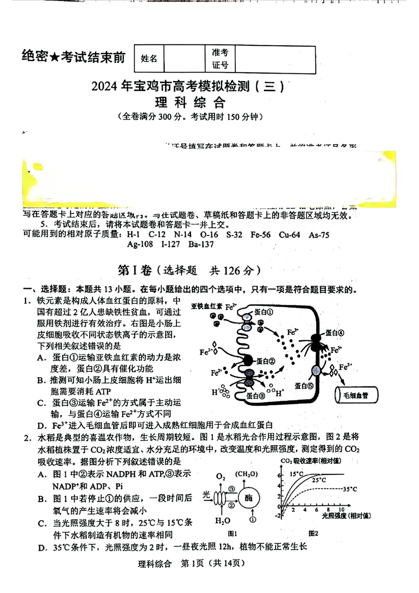 2024届陕西省宝鸡市三模考试理科综合试题（扫描版无答案）