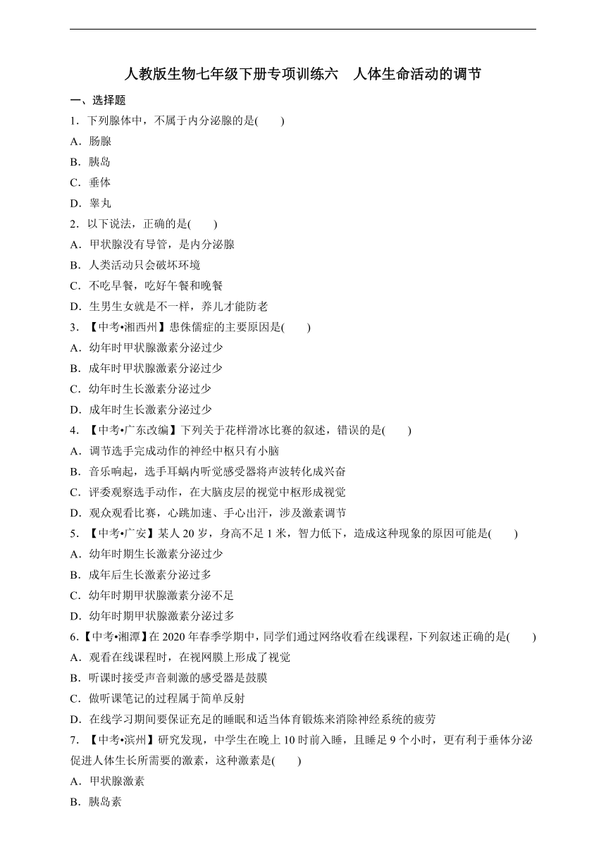 人教版生物七年级下册  专项训练六人体生命活动的调节（word版含解析）