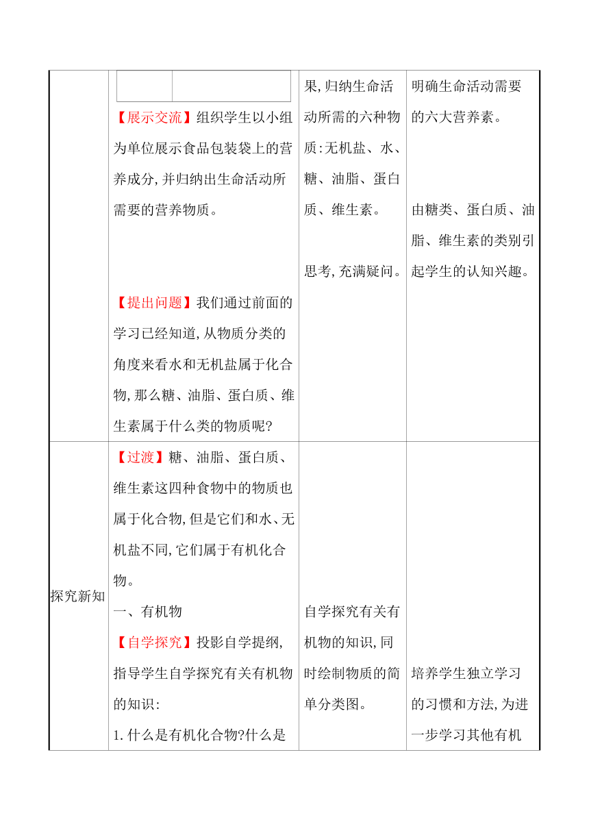 第十单元　第一节　食物中的有机物 教案—2020-2021学年九年级化学鲁教版下册