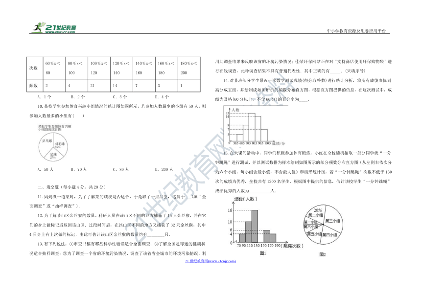 人教版七年级数学下册 第十章 数据的收集、整理与描述单元综合与测试A卷（含答案）