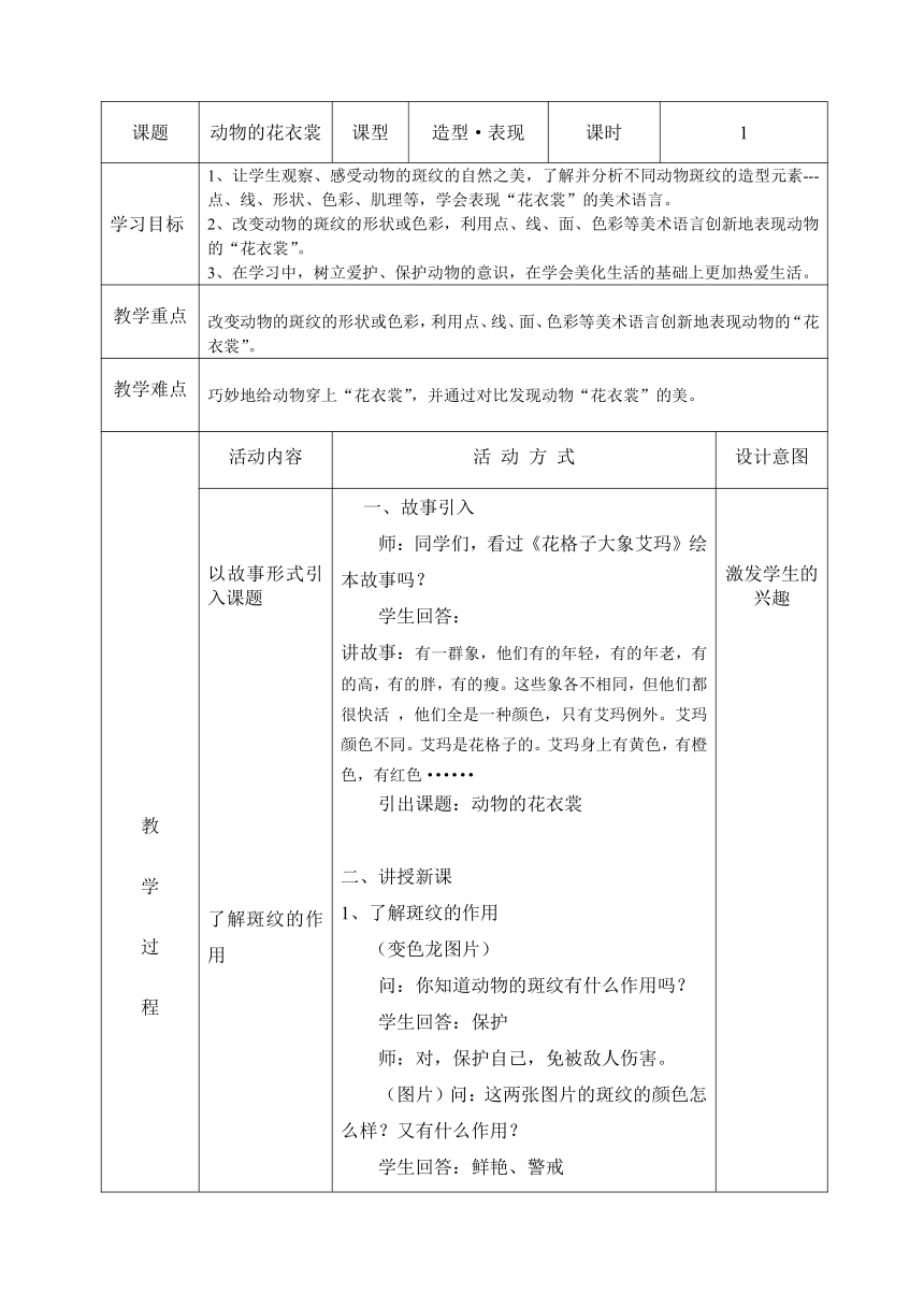 岭南版 一年级下册美术 第11课 动物的花衣裳 教案