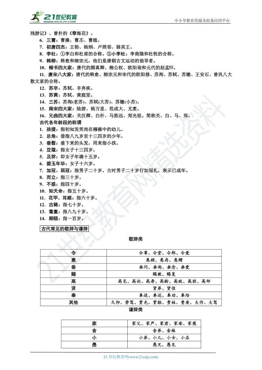 九上语文期中期末复习专题8.6 初中文学文化常识汇总