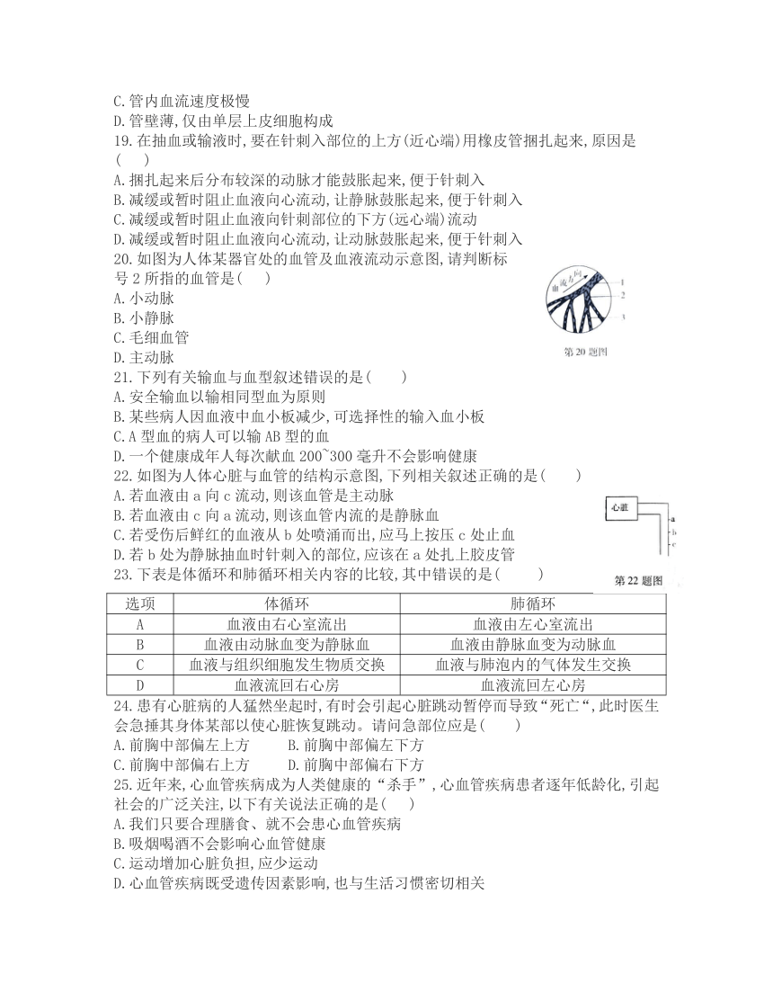 第四单元第四章 人体内物质的运输 单元达标(word版含答案） 2021-2022学年鲁科版（五四制）生物七年级上册