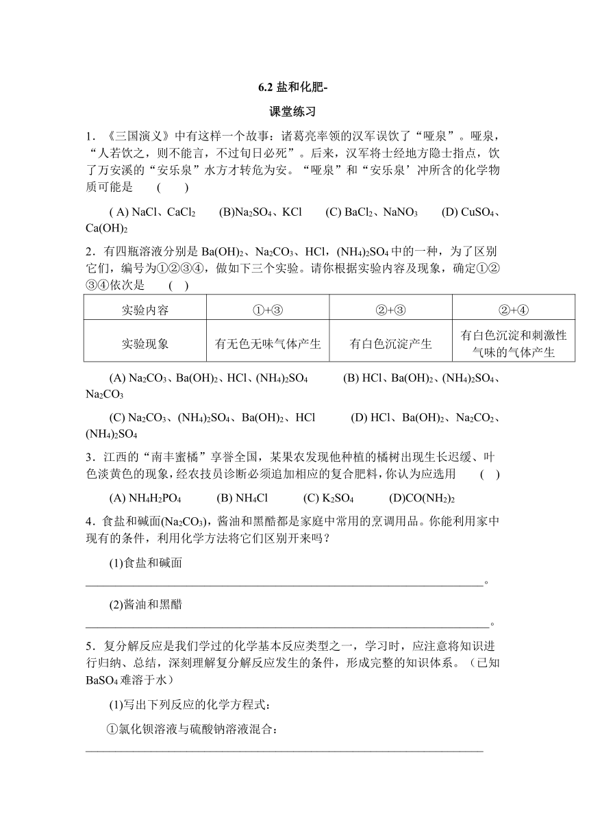 沪教版（上海）化学九年级下册 6.2 盐和化肥 课堂作业（含解析）