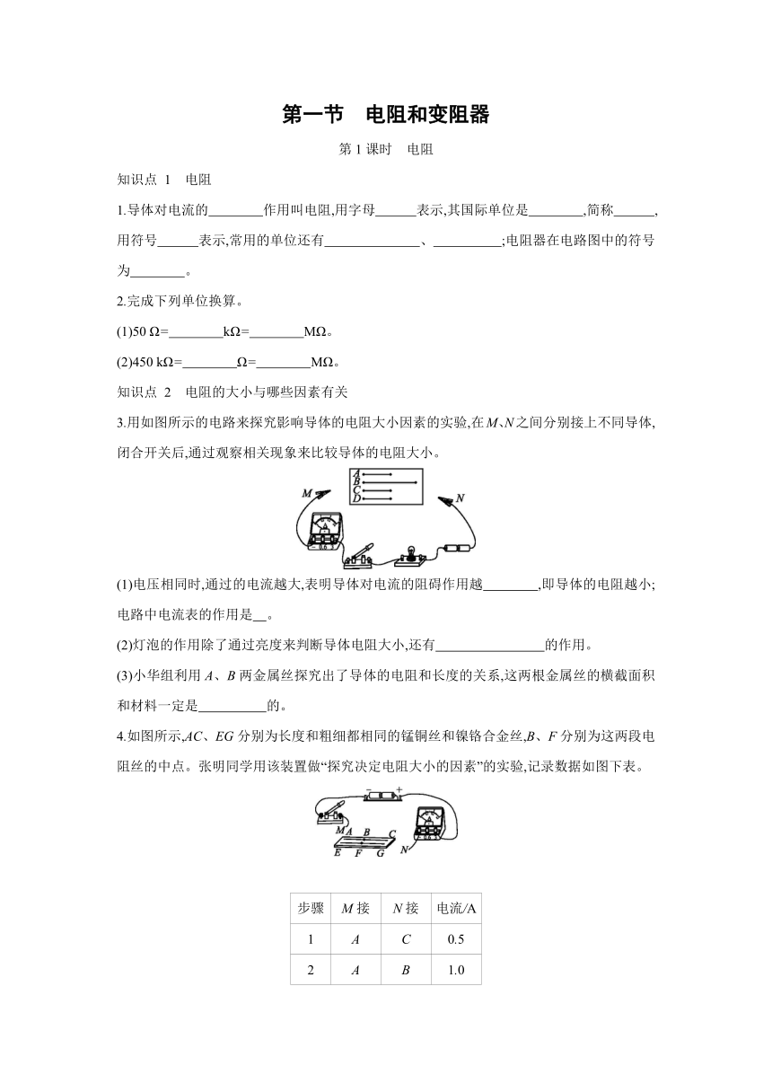 沪科版物理九年级全一册同步练习：15.1　电阻和变阻器   第1课时　电阻（Word 含答案）