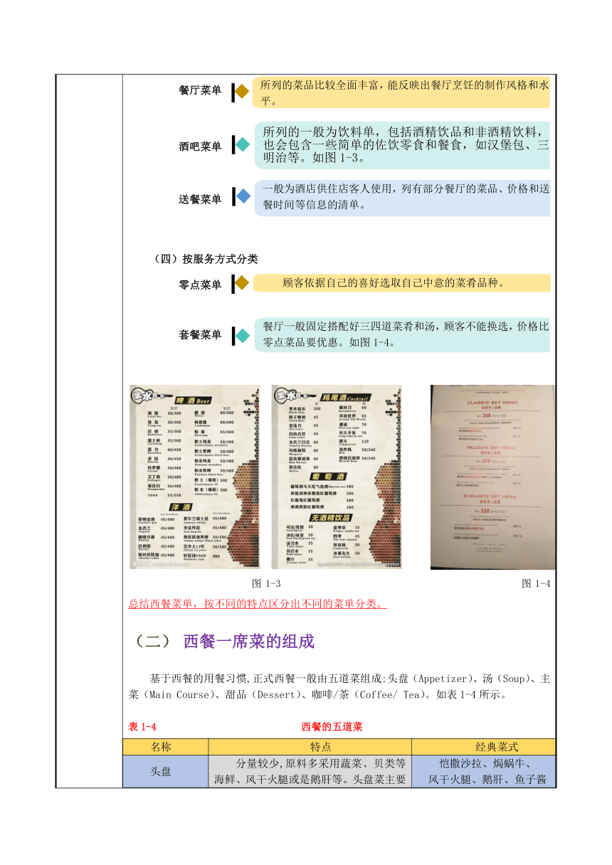 1-3西餐菜单与菜式的烹饪方法 教案（表格式） 《西餐服务》同步教学（人民大学版）