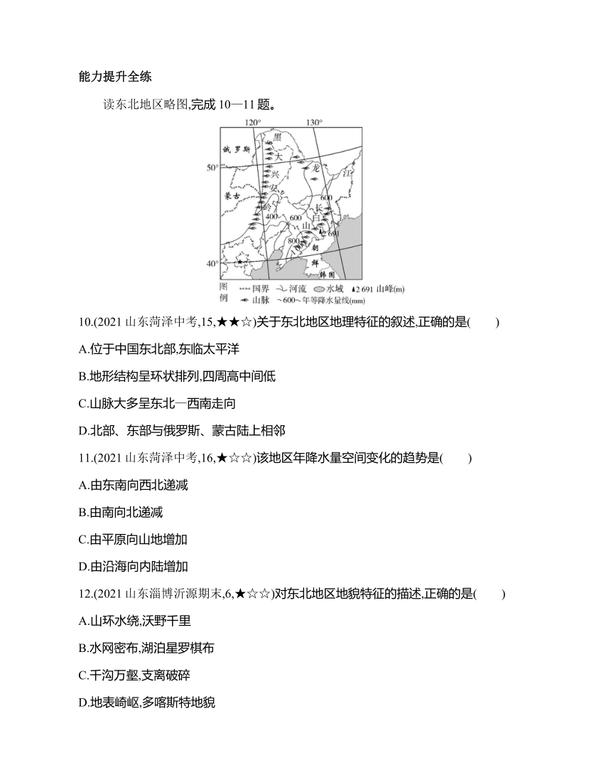 鲁教版地理七年级下册6.2　“白山黑水”——东北三省同步练习（含解析）