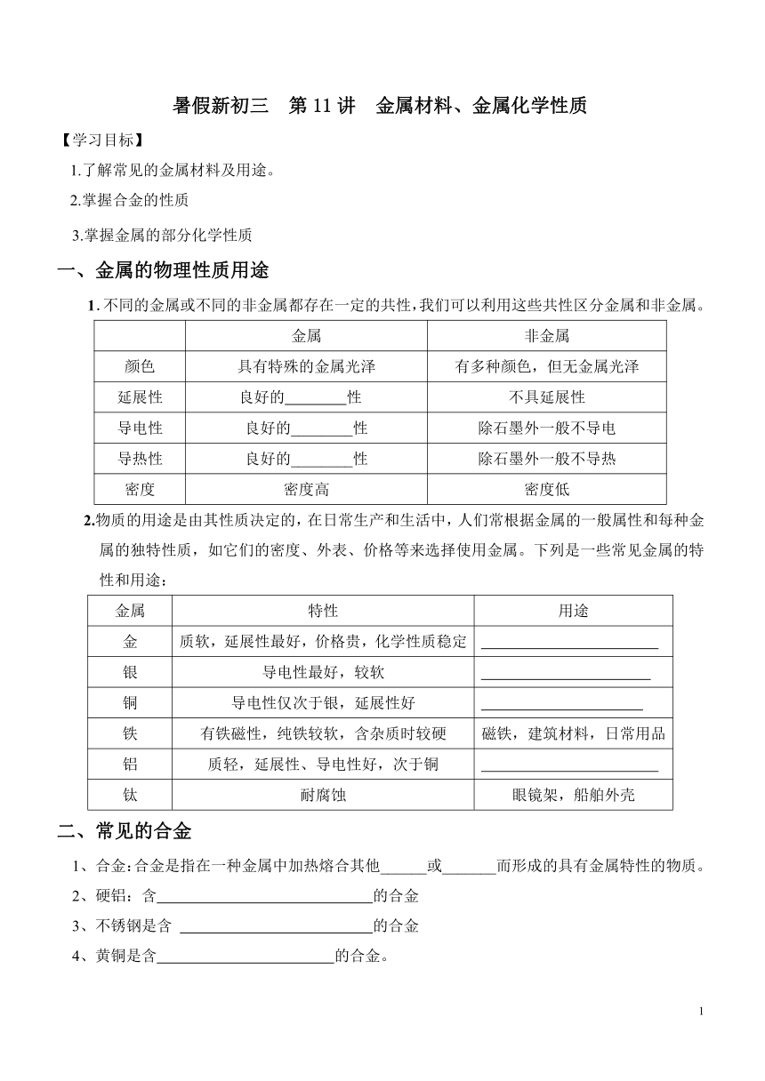 2021年 暑假新初三科学  第11讲  金属材料、金属化学性质（知识讲解+针对练习）（无答案）