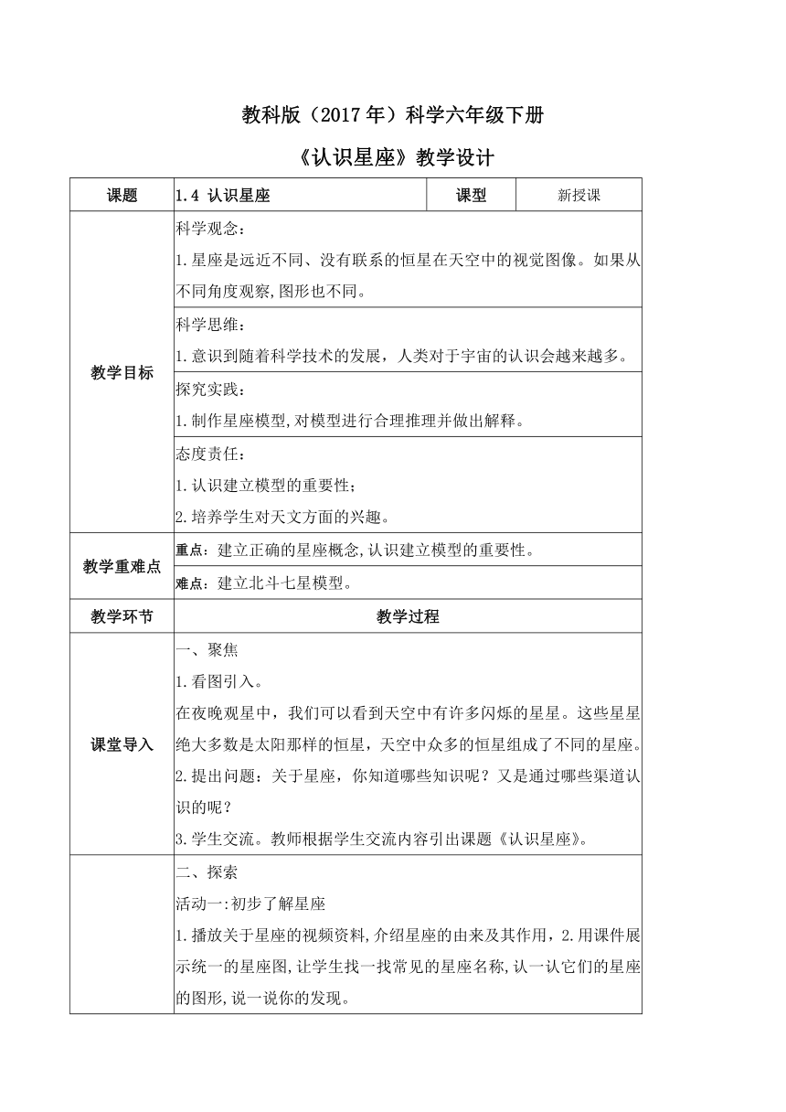 2023-2024学年六年级科学下册（教科版）3.4认识星座（教学设计）（表格式）