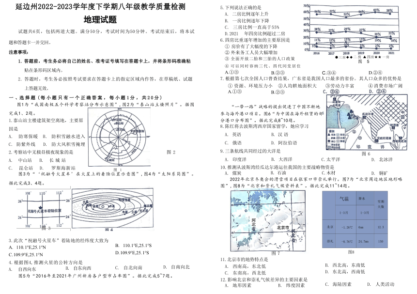 吉林延边州长春中学2023年中考地理模拟统考（PDF，无答案）
