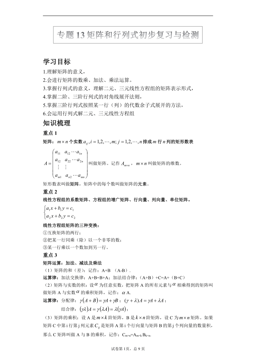 沪教版2022届高考数学一轮复习讲义专题13：矩阵和行列式初步复习与检测（Word含答案解析）