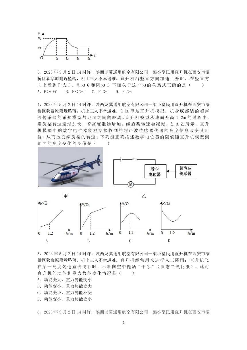 2023年科学中考热点78——直升机坠落（含答案）