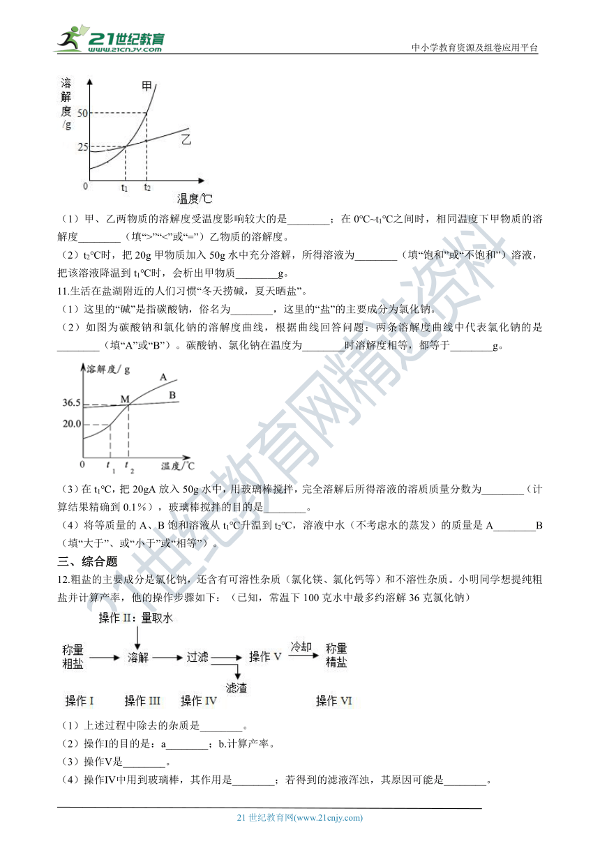 鲁教版九年级下学期 8.2 海水“晒盐” 同步课时练（含解析）