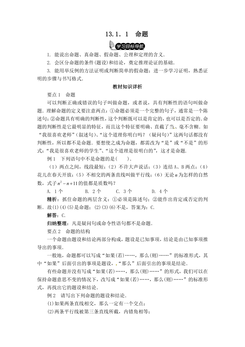 华师版八年级上册数学 13.1.1 命题【学案】