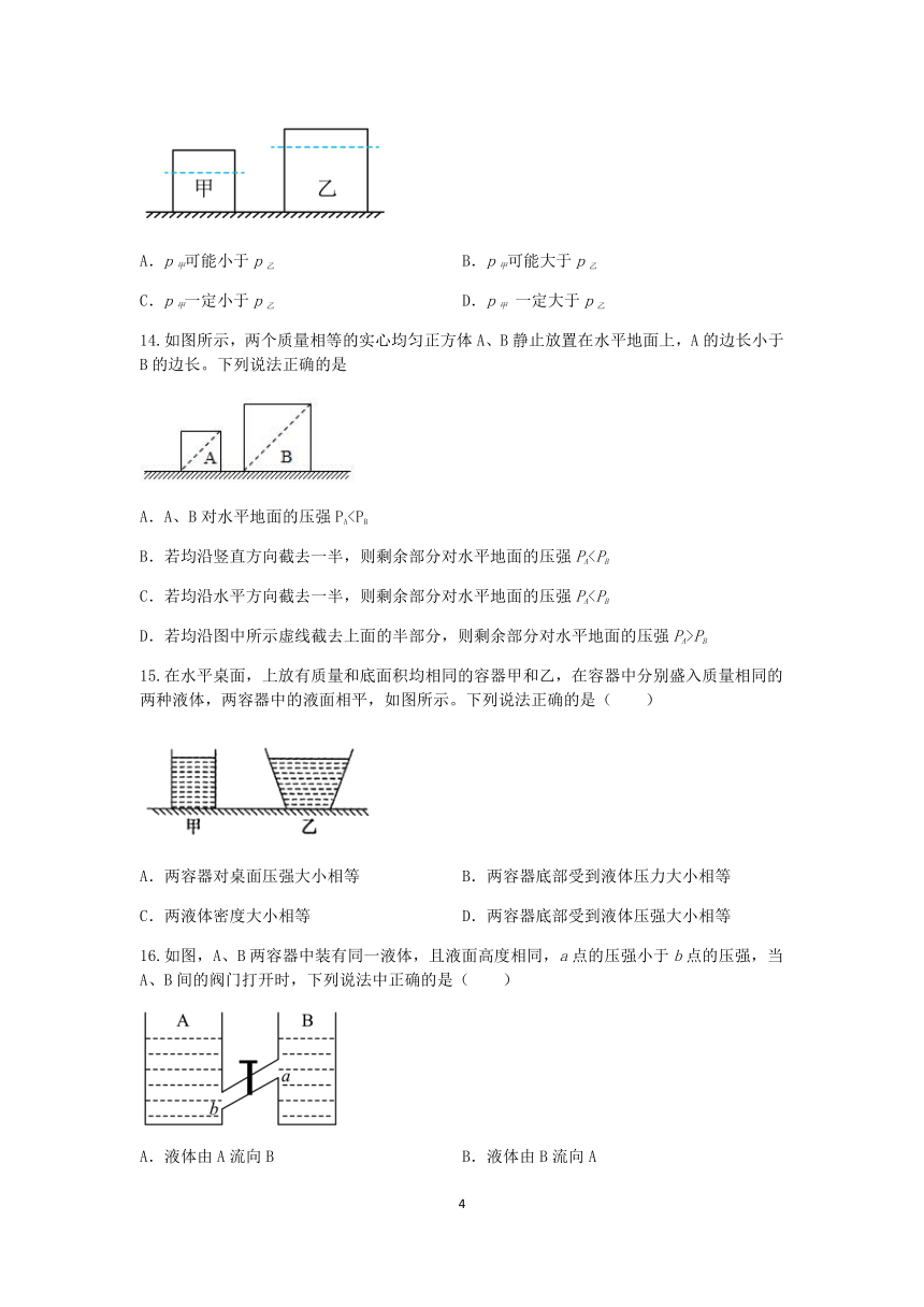 浙教版七年级科学2022-2023学年第二学期期末复习专题训练（三）：压强（含解析）