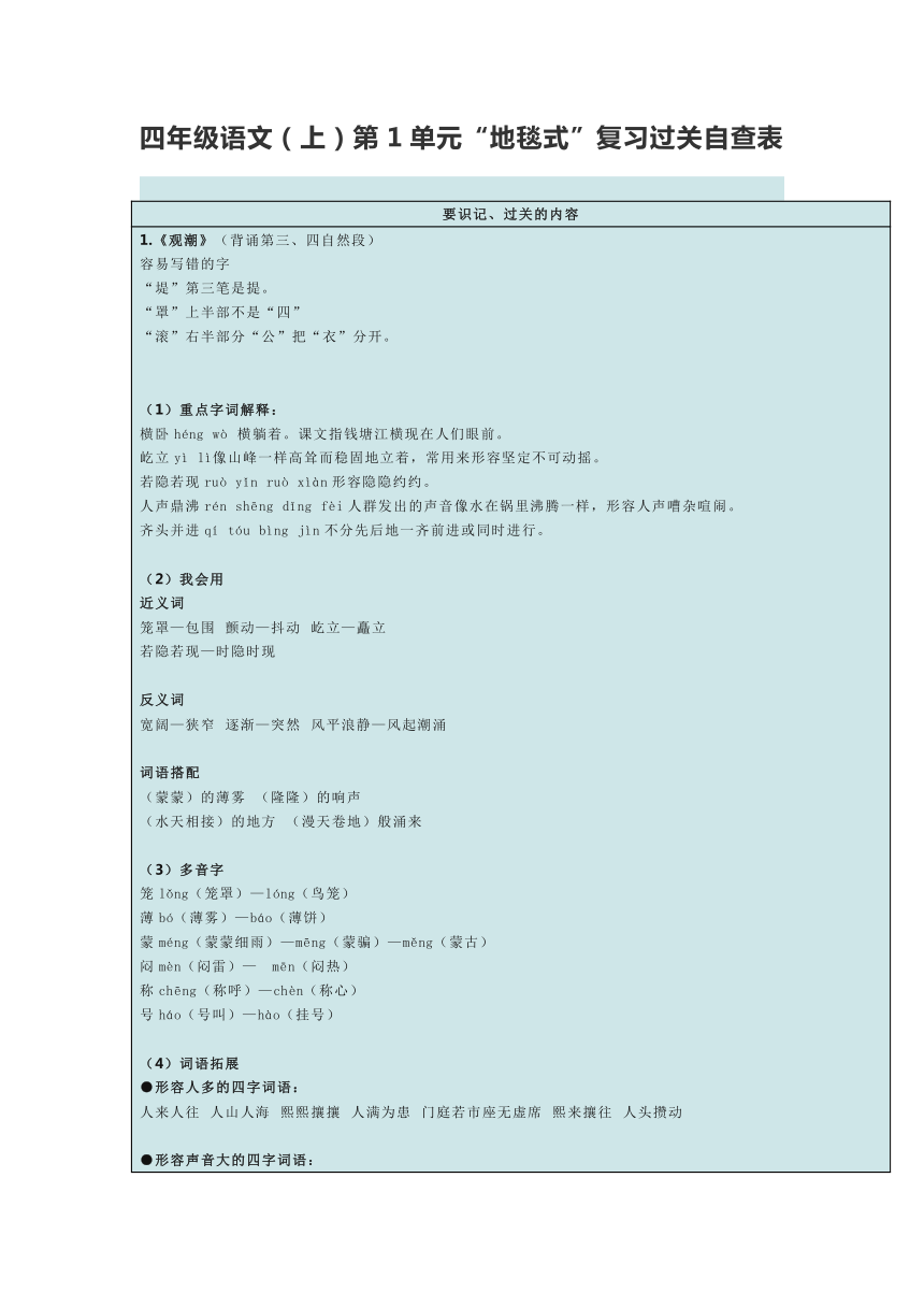 四年级语文（上）第1单元“地毯式”复习过关自查表