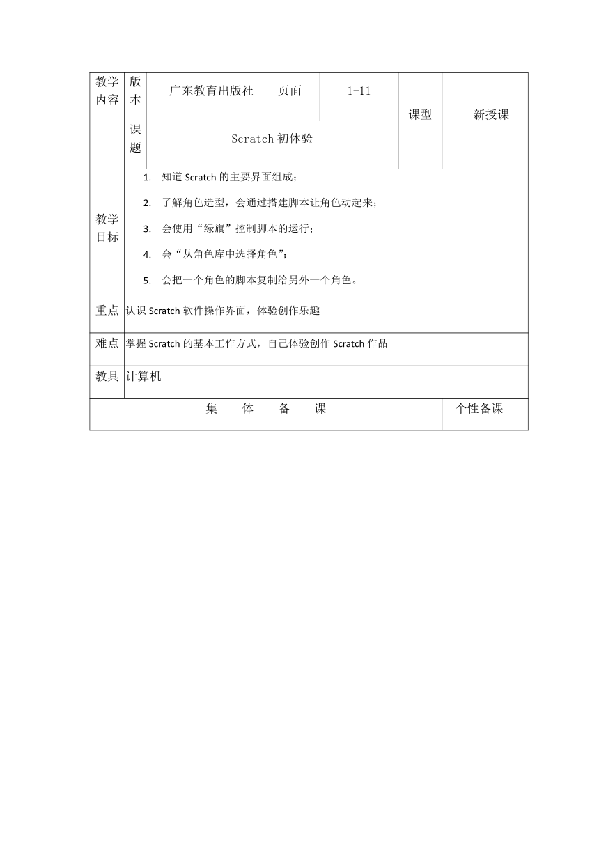 第1课信息技术  Scratch初体验（教案）（表格式）