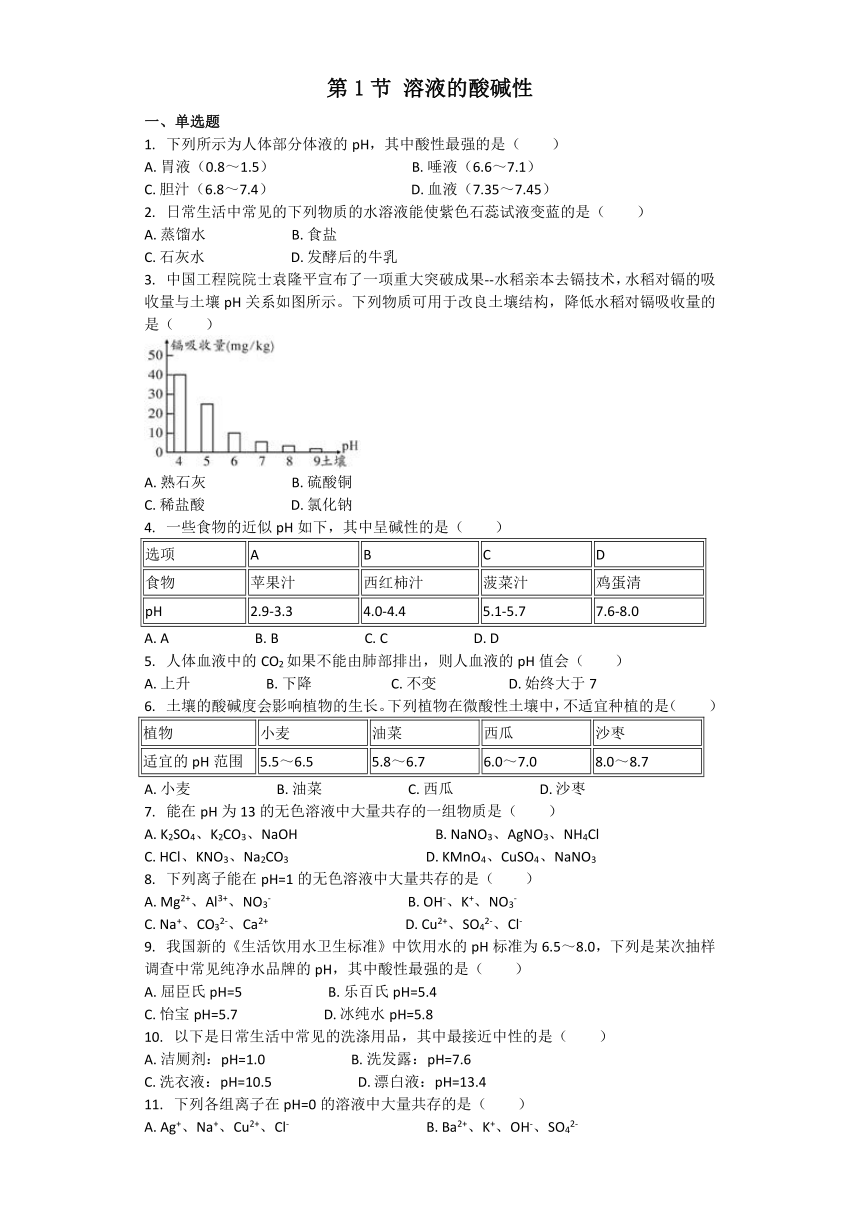 化学沪教版九年级下册 第7章 第1节 溶液的酸碱性 练习（带解析）