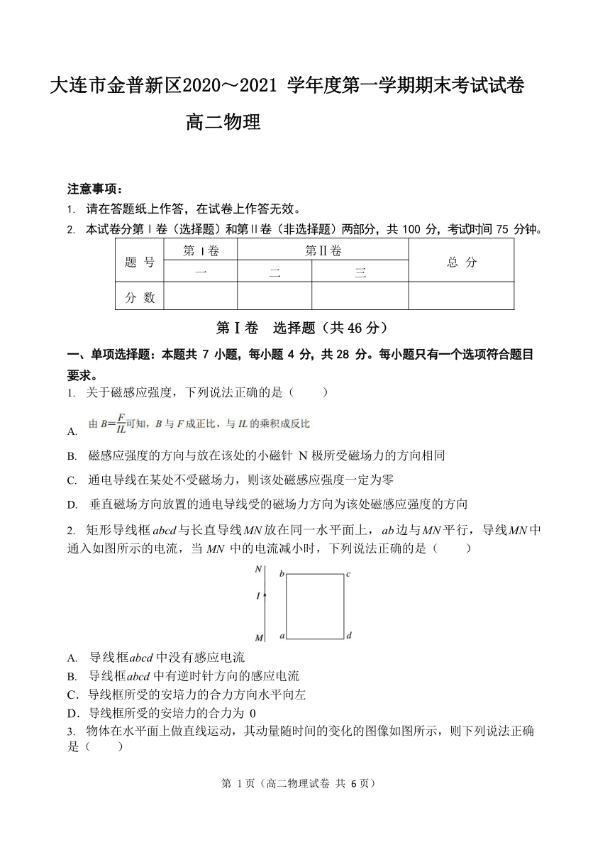 辽宁省大连市金普新区2020-2021学年高二上学期期末检测考试物理试卷 Word版含答案