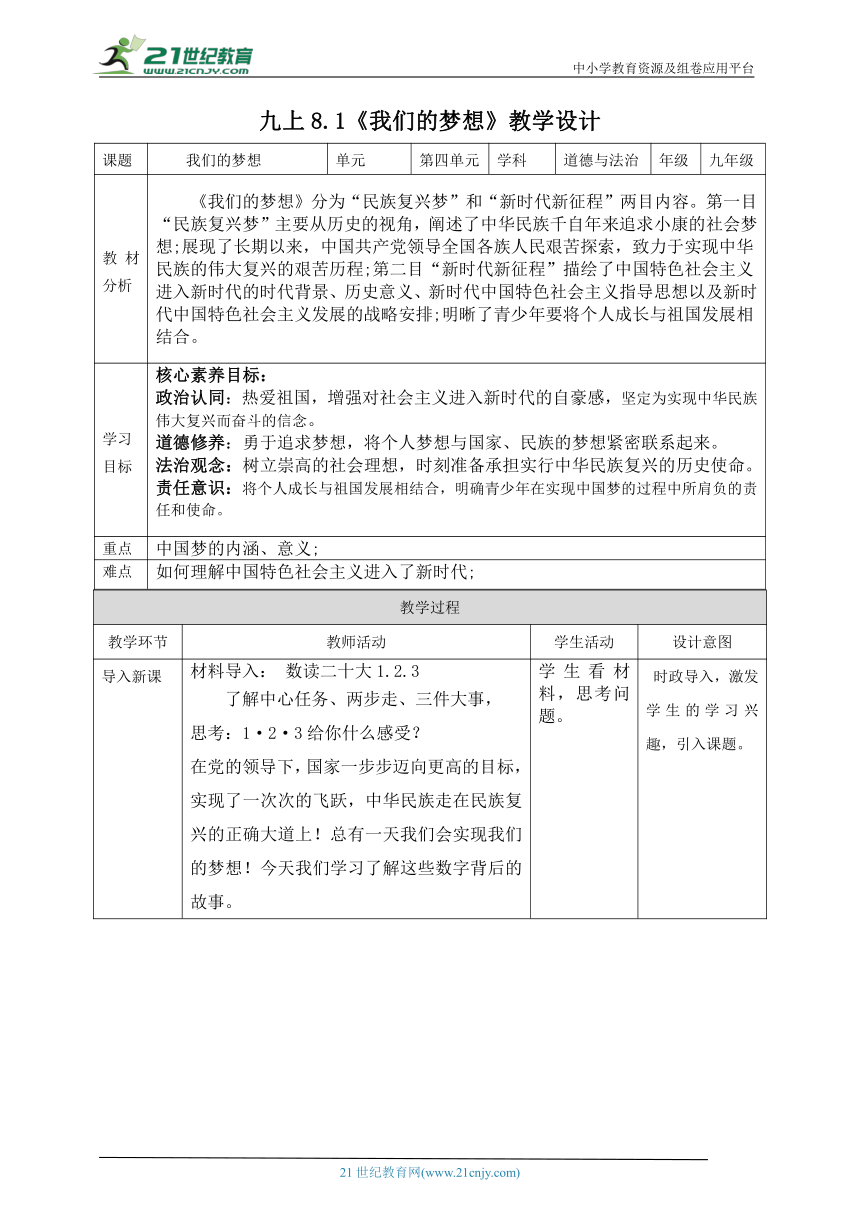 【核心素养目标】8.1我们的梦想教案（表格式）