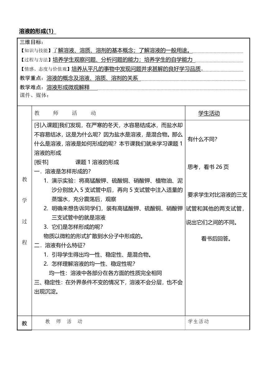 人教版（五四学制）化学九年级全册 第二单元  课题1   溶液的形成  教案（表格型）