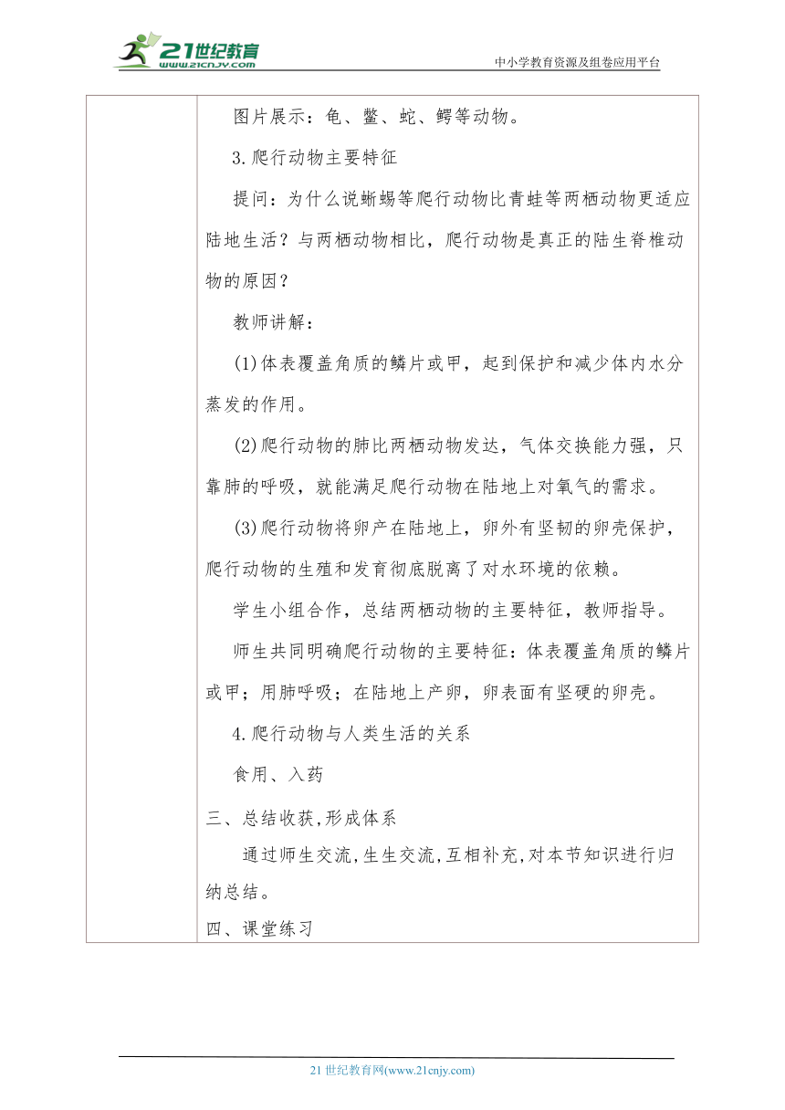 人教版生物八年级上册  5.1.5两栖动物和爬行动物 教案