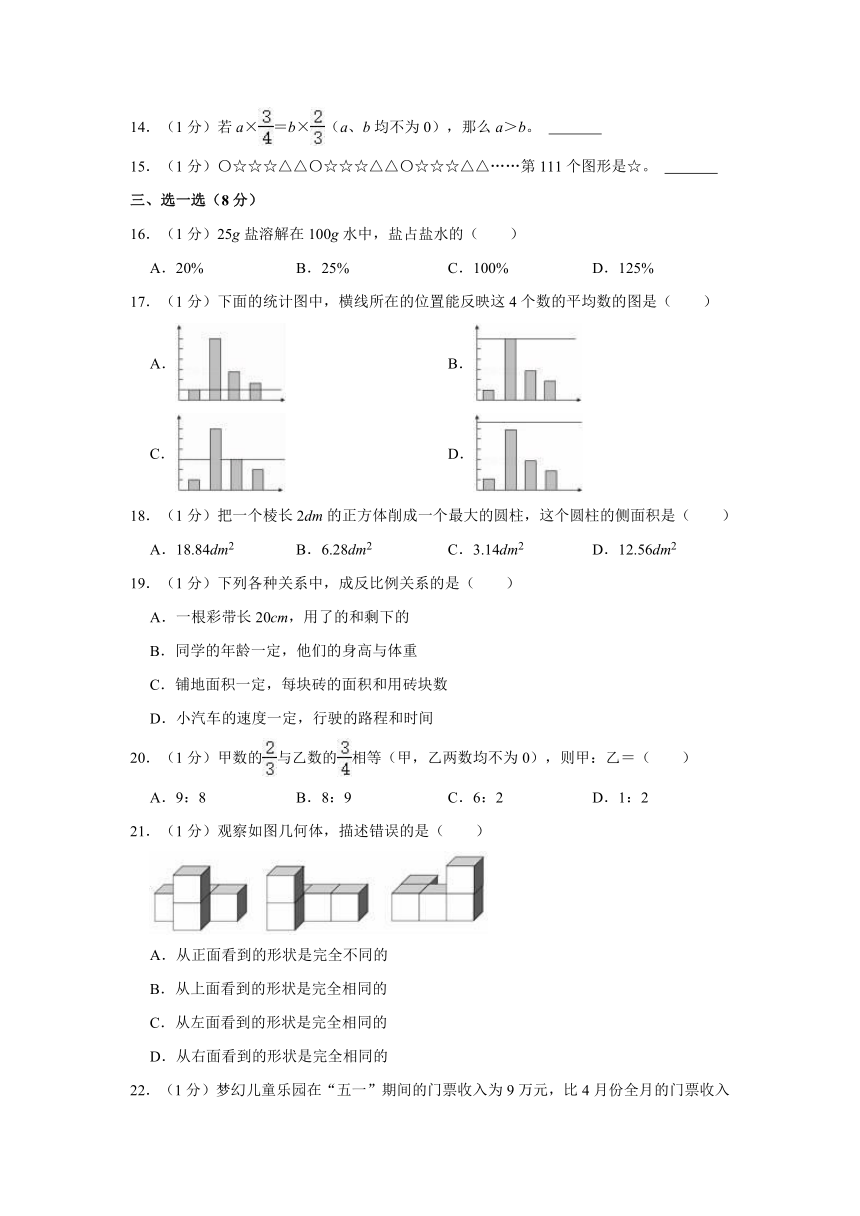 2022年陕西省安康市紫阳县小升初数学试卷（a卷）（含答案）