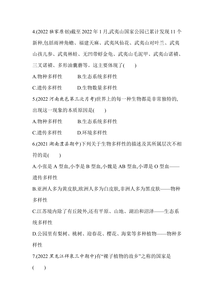 苏教版八年级上册生物5.15.1生物多样性同步练习（含解析）