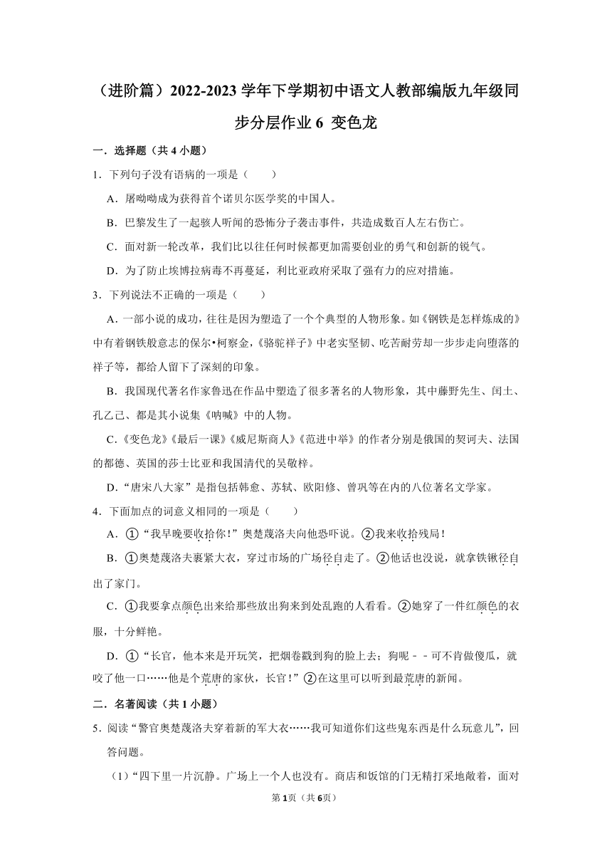 （进阶篇）2022-2023学年下学期初中语文人教部编版九年级同步分层作业6 变色龙 (含解析)