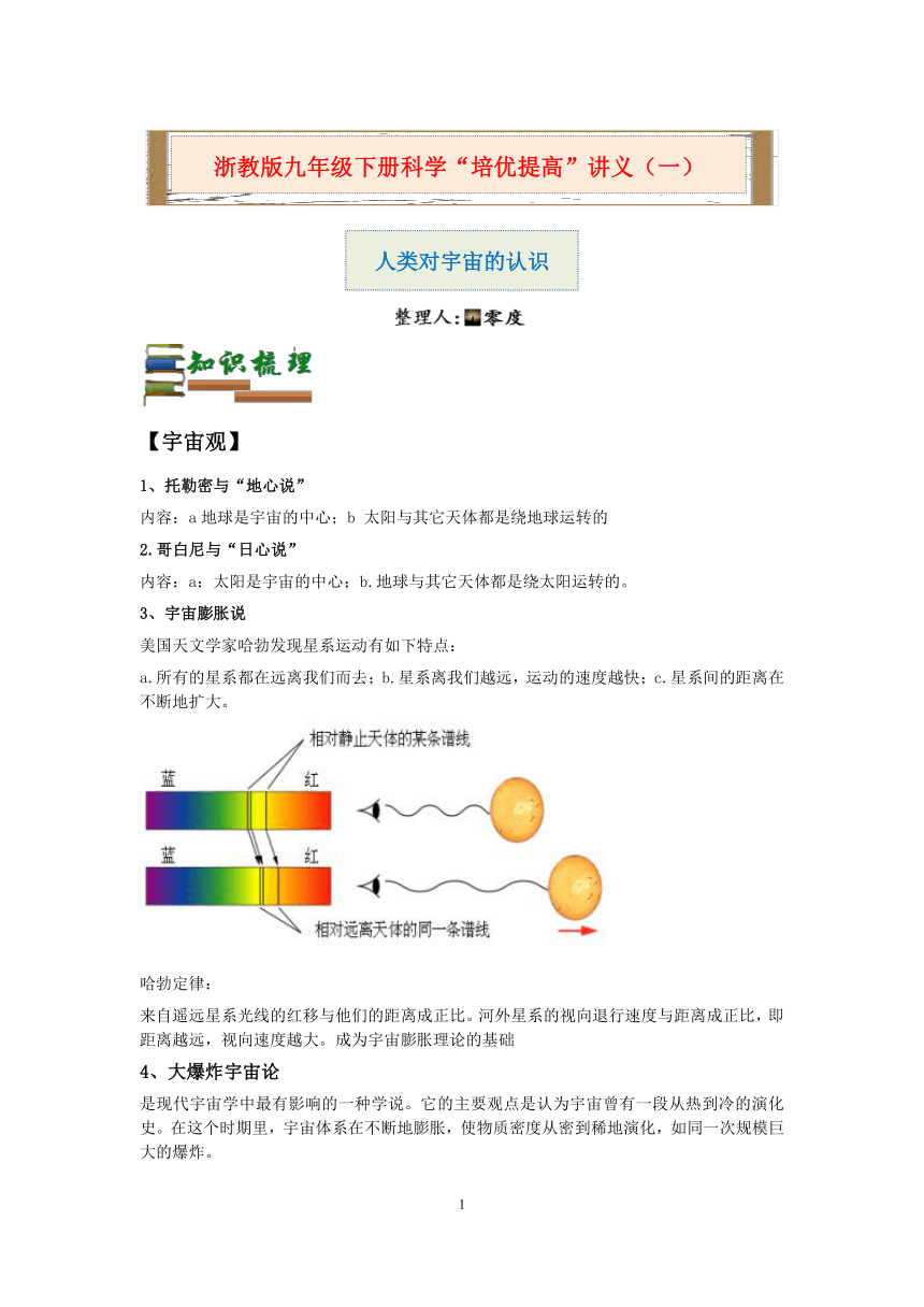 浙教版九年级下册科学“培优提高”讲义（一）：人类对宇宙的认识【word，含答案解析】