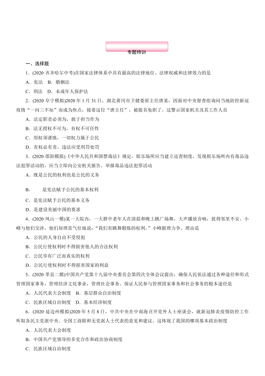 教材专题 专题3 弘扬宪法精神 建设法治国家 专题突破-2021年中考道德与法治中总复习（襄阳）（含答案）