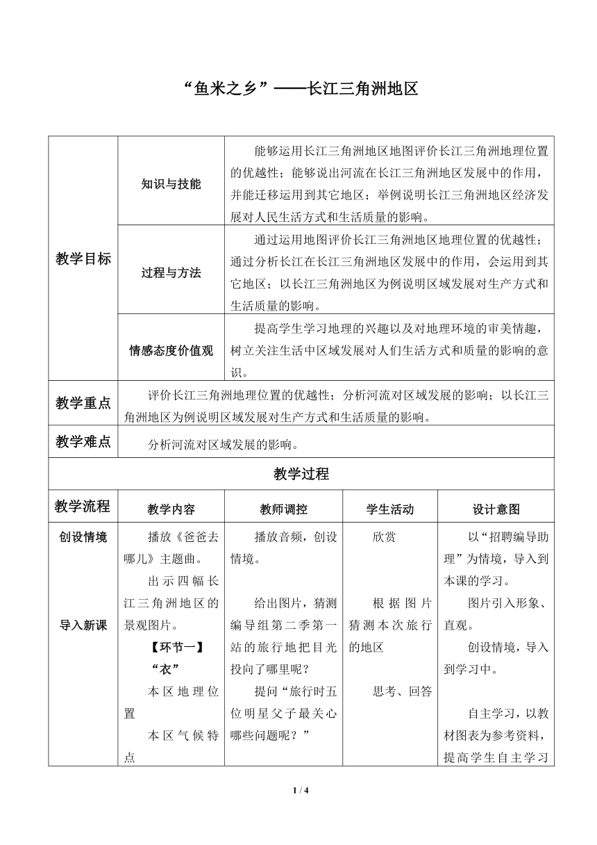 鲁教版（五四学制）七年级下册：7.2 “鱼米之乡”——长江三角洲地区 教案（表格式）