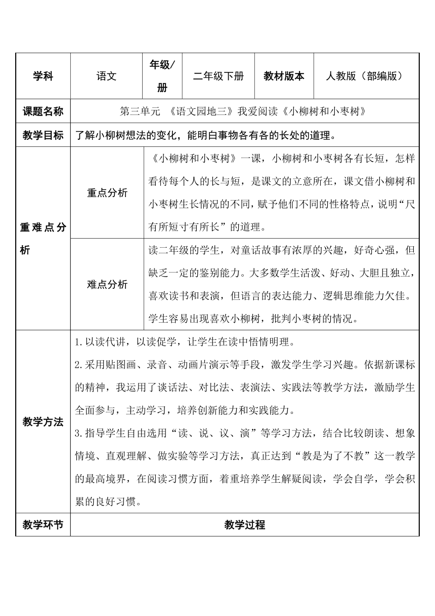 部编版二年级语文下册识字 语文园地三  我爱阅读《小柳树和小枣树》    表格式教案