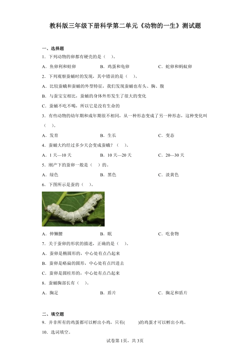 教科版三年级下册科学第二单元《动物的一生》测试题（含答案）