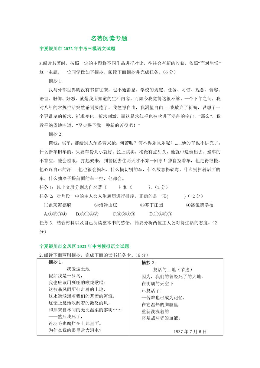 宁夏各地2022年中考语文模拟试卷分类汇编：名著阅读专题（含答案）