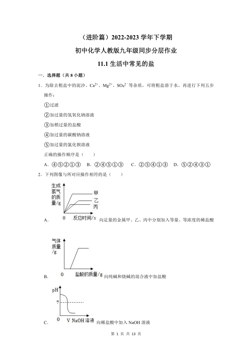 （进阶篇）2022-2023学年下学期初中化学人教版九年级同步分层作业11.1生活中常见的盐(含解析)