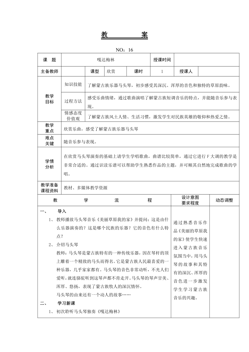 人教版六年级下册第四单元 嘎达梅林 教案（表格式）