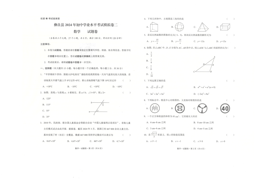 2024年云南省昭通市彝良县九年级二模数学试题（pdf版无答案）